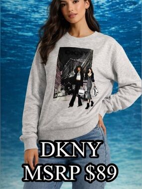 DKNY Gray Graphic Cityscape Crewneck Sweatshirt with Black and Pink Print